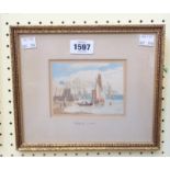 S. Owen: a gilt framed watercolour, depicting a busy coastal scene with figures and sailing