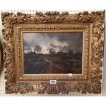 BWL: An ornate gilt gesso framed oil on canvas, depicting a rural track and farmhouse in a landscape