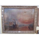 After W.M. Turner: a gilt framed antique oil on canvas copy of The Fighting Temeraire - 44.5cm X