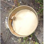 An antique brass pan with cast handles - one handle missing