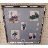 A silvered bamboo effect framed five image early 20th Century pith paper picture group, depicting