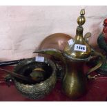 A quantity of brass and other metalware including Indian repousse work jardinière, brass Middle