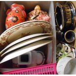 A box containing assorted ceramic items including Masons Ironstone Mandalay ashtray, etc.