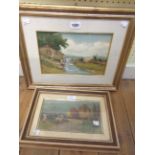 Two framed oils on board by the same hand, one depicting washerwomen by a stream, the other