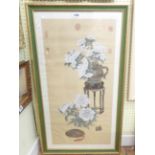 A framed 20th Century Chinese paining on silk, depicting a jardinière on stand with flowers - five