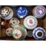A box containing assorted ceramics including Leaper Newlyn dish, Chinese jars, Denby Stoneware Byngo