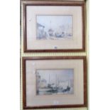 Claude Kitto: a pair of framed coloured prints, both depicting harbour scenes