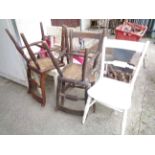 A set of four old scroll back kitchen chairs (one with white painted finish) - sold with another