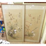 A pair of 20th Century Chinese paintings on silk both, depicting perching birds, foliage and flowers