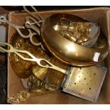 A box containing assorted metalware including jugs, dishes, etc.