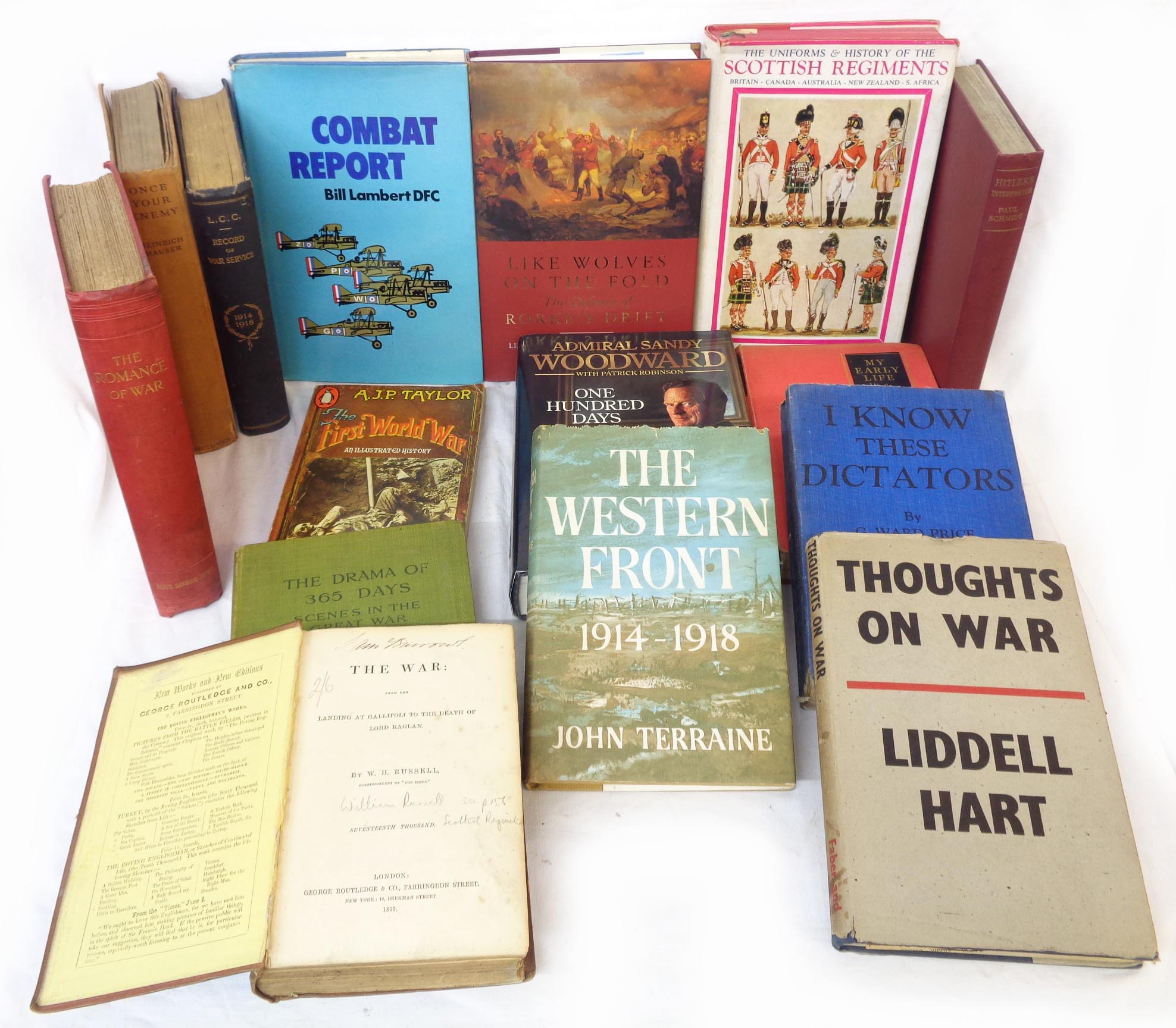 Sixteen war related mainly hard back books including The Uniforms & History of the Scottish