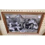 R.H. Moore: a framed mixed media painting, depicting a group of various breed dogs - signed - 16.5cm