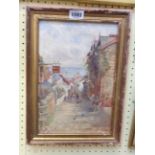 A gilt framed oil on canvas, depicting a scene in Clovelly with the New Inn - unsigned