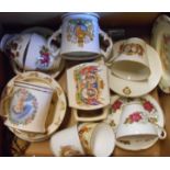 A box containing assorted china including Royal Commemorative, Bunnykins, etc.