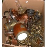 A box containing a large quantity of assorted metalware including speltre figures, Islamic