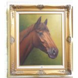A vintage gilt and hessian framed hand finished print on canvas, study of a horse's head