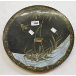 An antique Japanese cloisonne plate decorated with kingfishers with a decorative border