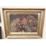 A gilt framed and slipped Victorian coloured print, depicting three young girls and a bulldog