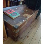 An 86cm campaign camphor wood chest - lid hinges a/f and other wear and damage