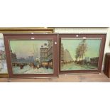 A pair of vintage framed coloured oleographs, depicting Parisian street scenes in Autumn and Winter