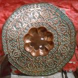 An old Jaipur Rajasthan copper tray with heavily embossed decoration