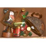 A box containing assorted collectables including trench art shell top paperweight, vintage plastic