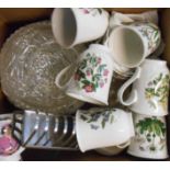 A box of assorted china and glass including six Portmeirion Botanic Garden mugs, commemorative mugs,