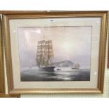 Roger Desoutter: a gilt framed large format coloured print, depicting sailing vessels and a rowing