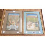 A pair of gilt framed Mughal paintings, one depicting a figure on a swing, the other figures with