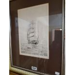 Rowland Langmaid: a framed etching, depicting dolphins escorting a three masted sailing ship -