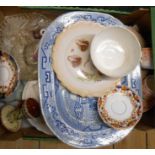 A box containing a quantity of ceramics and glass including early 19th Century small wine, blue