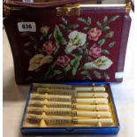 A vintage embroidery clad handbag - sold with a set of stainless steel fruit knives