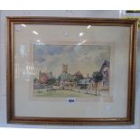 David Thomas: a gilt framed watercolour, depicting a village green with church in background -
