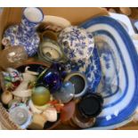 A box containing assorted ceramic items including blue and white, etc.