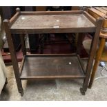 A vintage oak tea trolley, two tier book table and rattan back standard chair - various condition