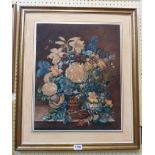 An old gilt framed watercolour still life with vase of flowers on a marble table, bird's nest and