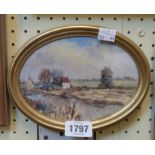 Barbara Melton: a miniature oval framed mixed media painting, depicting a view at Wicken Fen