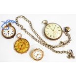 Two yellow metal cased watches, silver Albert watch chain, silver cased pocket watch and another -