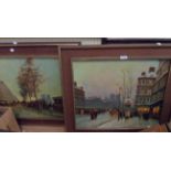 A pair of vintage framed coloured oleographs, depicting Parisian street scenes in Autumn and Winter