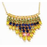 A 375 gold Art Deco style graduated dentil drop pendant necklace, set with various coloured and