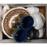 A box containing assorted ceramics including a pair of Rosenthal mugs, etc.