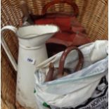 A bag containing assorted tools including old herb chopper, hammers, etc. - sold with an enamel