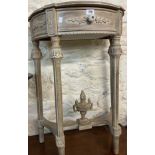 A demi-lune side table A 60cm reproduction limed wood ornate demi-lune side table with frieze drawer