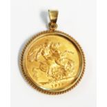 A 1914 gold sovereign loose set in 9ct pendant mount