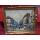 Caroline Burnett: a gilt framed 1950 oil on canvas of a Parisian street scene - American