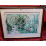 A large stained wood framed signed limited edition coloured print, depicting women in a garden -