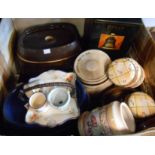 A box containing four ceramic sherry barrels (various makers) and a wooden similar and other ceramic