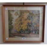 A framed watercolour, depicting a figure herding cattle - indistinctly signed - foxing