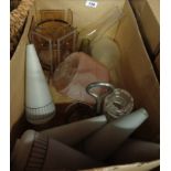 A box containing assorted vintage glass lampshades, etc.