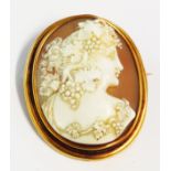 An unmarked yellow metal framed oval cameo brooch